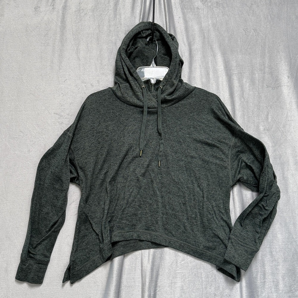 Hoodie Womens‎ Medium Dark Heather Green Cropped High Low Drawstring Side Slits